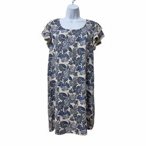 Made In Italy 100% Linen Ruffle Floral Mini Shift Dress Size M Blue Coastal